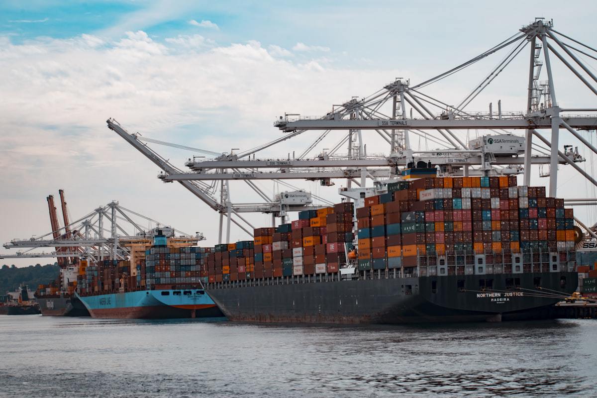 Container ships loaded by ship-to-shore cranes at an ocean terminal